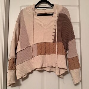 POL V-Neck Patchwork Sweater - Cream and Brown